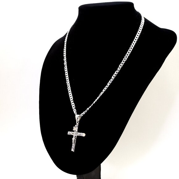 925 Sterling Silver Curb Chain w Crucifix Pendant, 20", 4.5 mm | Christian Cross - Picture 6 of 7